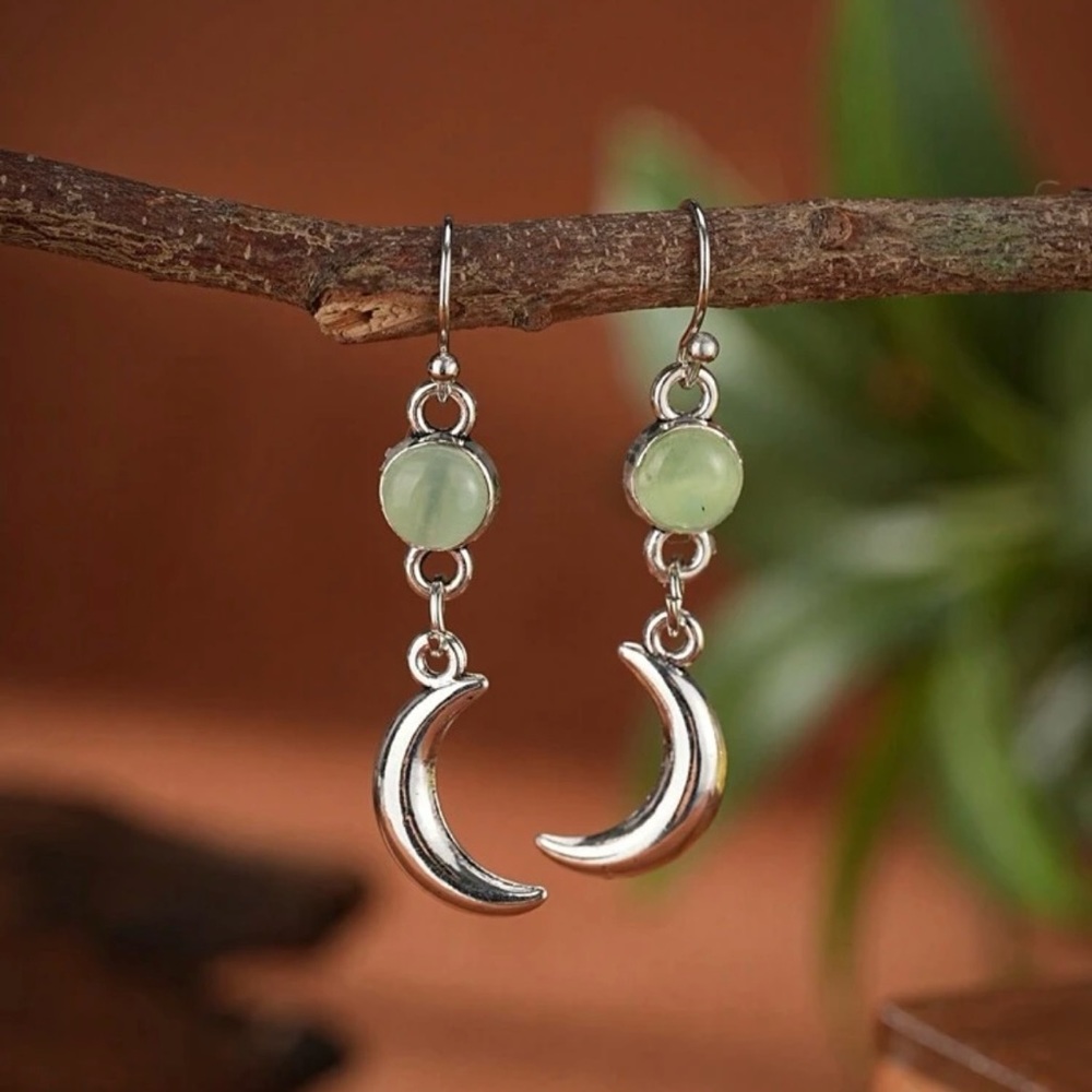 Bohemian Celestial Silver Tone Crescent Moon & Green Gemstone Witchy Core